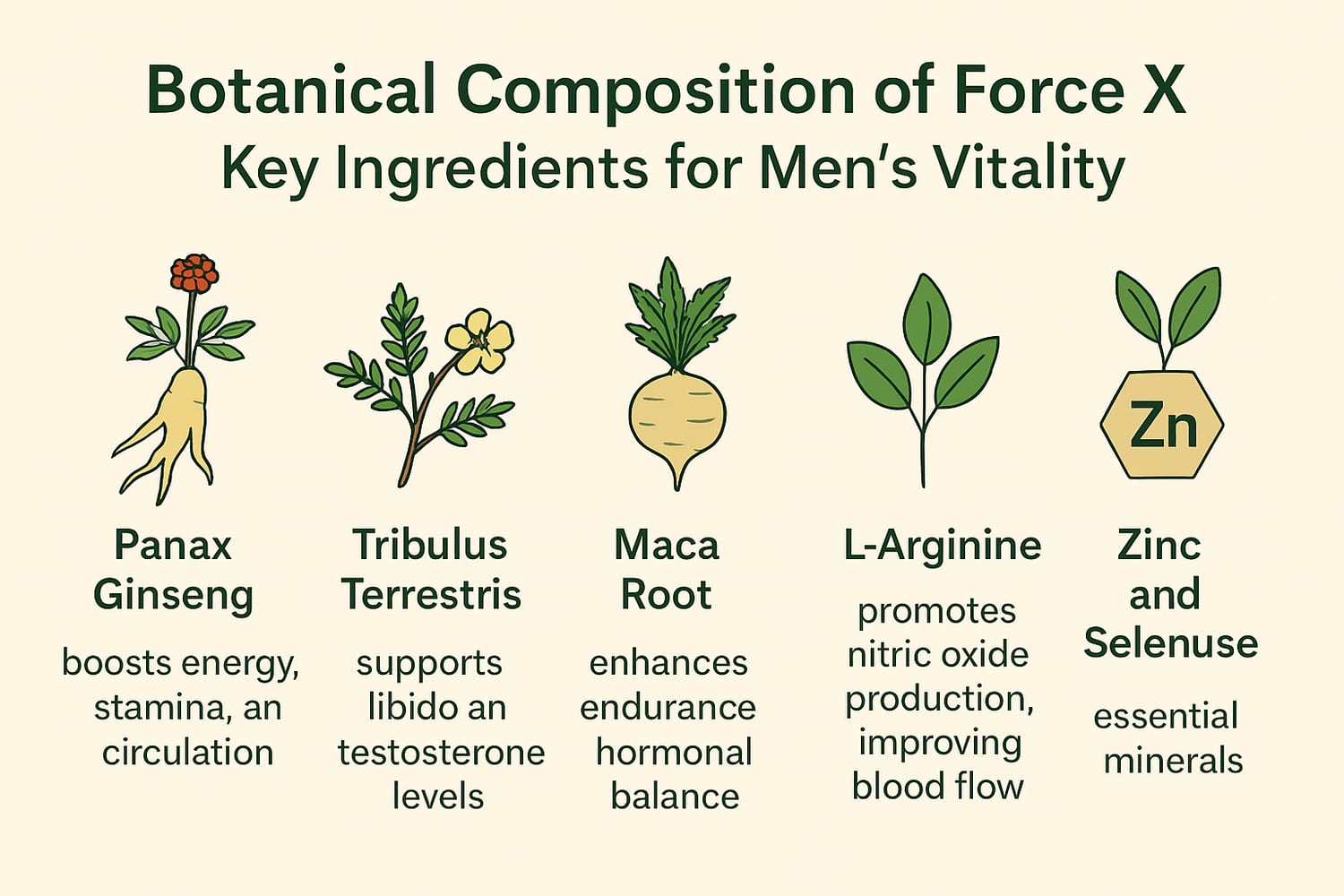 Force X — botanical composition: Tribulus, Maca, Saw Palmetto, Ginseng, Epimedium, Boswellia