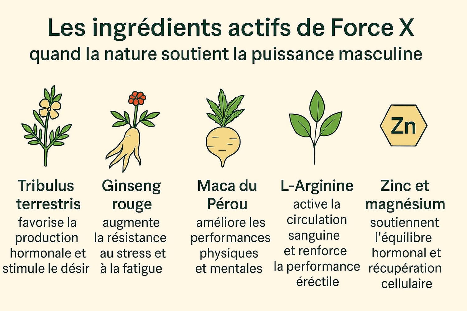 Force X — botanical composition: Tribulus, Maca, Saw Palmetto, Ginseng, Epimedium, Boswellia
